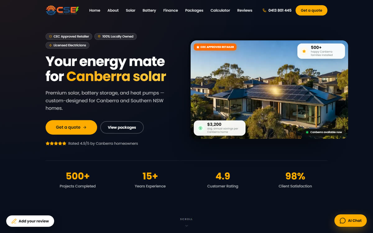 Capital Solar Energy website, built by Aussie Growth